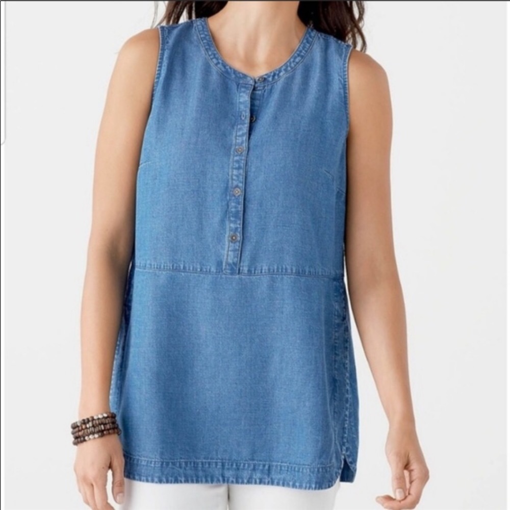 J Jill Denim Top Blue Tunic Sleeveless Sz L Tencel